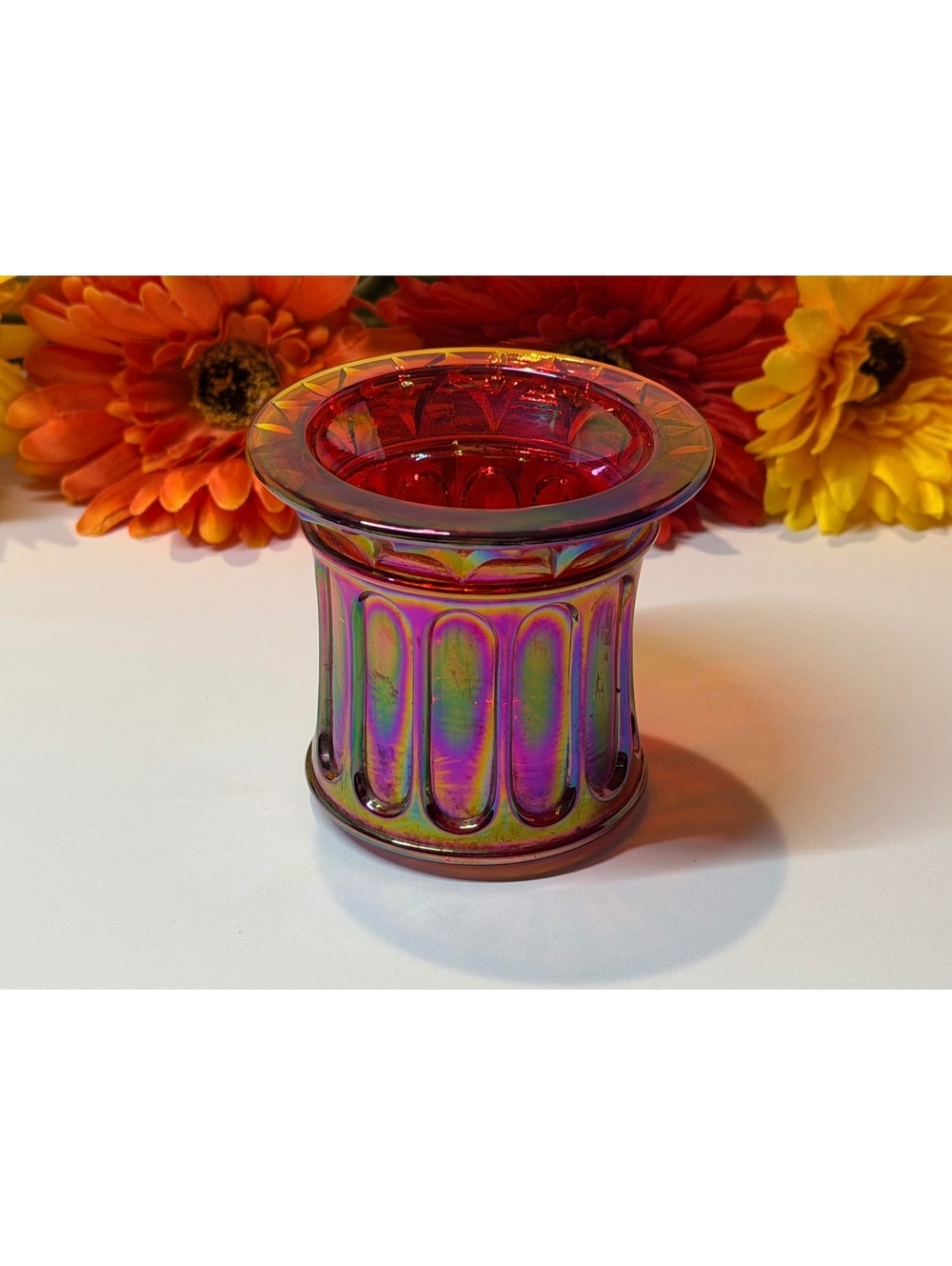 Fenton Red Carnival Glass Iridescent Candle Holder Vintage Signed